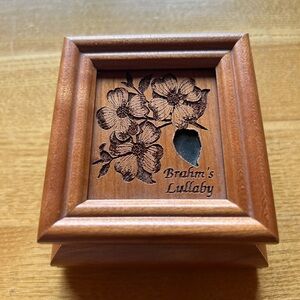 Wooden Floral Engraved Music Box / plays Brahmas Lullaby